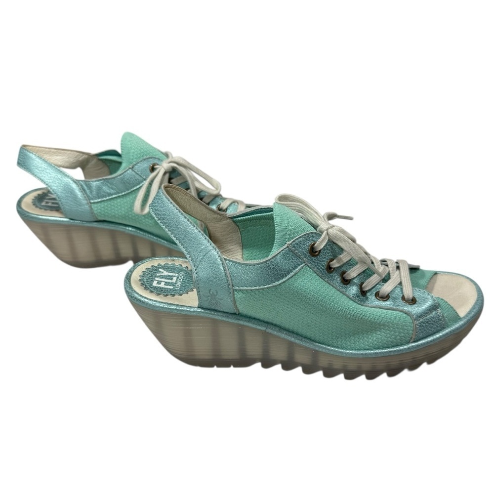 Fly London Yifa Leather Wedge Sandals Mint Blue Size 9–9.5 Comfort